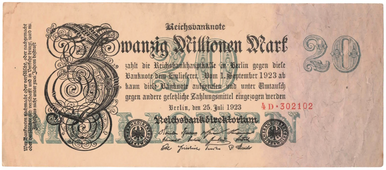 1923 Germany 20 Millionen Mark Reichsbanknote P-86 Weimar Republic Hyperinflation Note