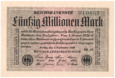 1923 Germany 50 Millionen Mark Reichsbanknote P-95 Weimar Hyperinflation Almost UNC