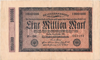 1923 Germany 1 Million Mark Reichsbanknote P-75 Weimar Republic Hyperinflation Historic Note