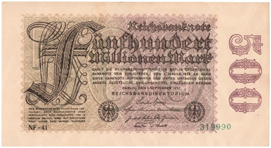 1923 Germany 500 Millionen Mark Reichsbanknote P-98 Weimar Hyperinflation Era Almost UNC