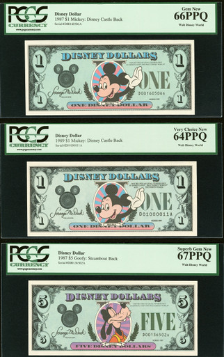 1987–1989 Disney Dollar Set $1 & $5 Mickey Goofy PCGS 64–67PPQ