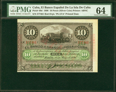 1896 Cuba 10 Pesos “PLATA” Silver Coin Note PMG 64 Choice UNC – Pick 49d Banco Español ABNC