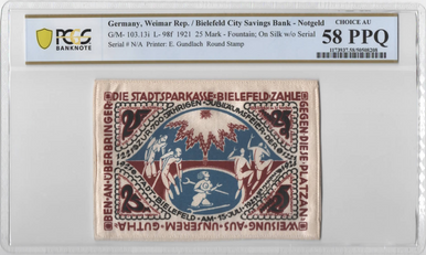 1921 Germany Bielefeld Notgeld 25 Mark on Silk Cloth PCGS 58 PPQ – Rare Textile Issue