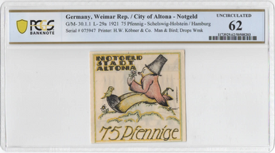 1921 Germany Altona Notgeld 75 Pfennig – PCGS 62 UNC – Man & Bird Design, Pinholes
