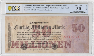 1923 Germany 50 Millionen Mark PCGS VF30 – Pick 98a Hyperinflation Reichsbanknote
