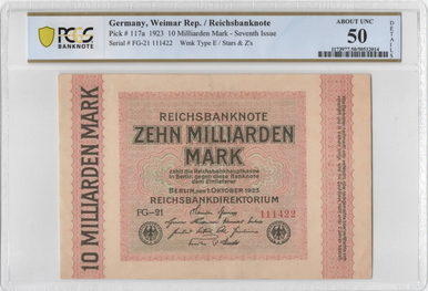 1923 Germany 10 Milliarden Mark Reichsbanknote PCGS AU50 – Pick 117a Hyperinflation Era