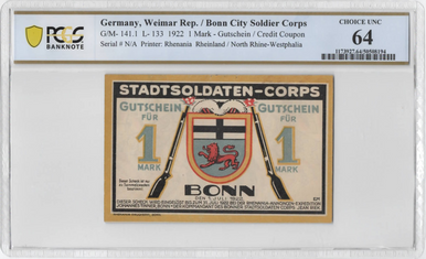 1922 Germany Bonn 1 Mark Notgeld PCGS 64 UNC Stadtsoldaten-Corps Colorful Local Voucher