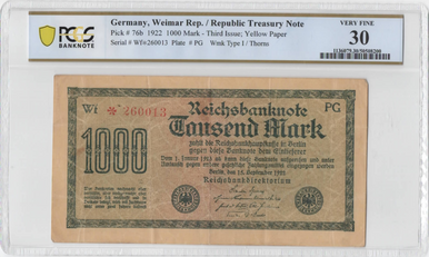 1922 Germany 1000 Mark Yellow Paper P-76b PCGS VF30 Reichsbanknote Weimar Hyperinflation Note