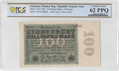 1923 Germany 100 Million Mark P-107d PCGS 62 PPQ Unc Hyperinflation Note – Stars & Zs Watermark