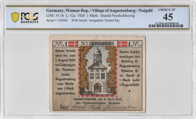 1920 Germany Augustenburg 1 Mark Notgeld – Danish Border PCGS 45 XF Rare Design
