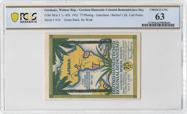 1922 Germany 75 Pfennig Notgeld Berlin Dr. Carl Peters Colonial Remembrance PCGS 63 UNC