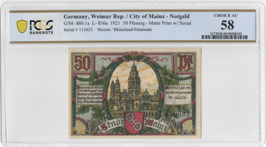1921 Germany Mainz 50 Pfennig Notgeld Matte Print w/ Serial PCGS AU58 Rheinland-Palatinate