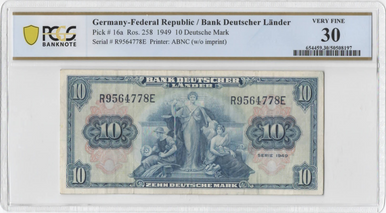 1949 Germany 10 Deutsche Mark Bank Deutscher Länder Note ABNC PCGS VF30 Rare Early FRG Issue