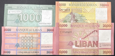 Lebanon 2016-2021 UNC Banknote Set 1k, 5k, 10k, 20k Livres Crisp Four Notes