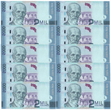 2015 Costa Rica 2000 Colones Prefix A Serial Number Set of 10 UNC Notes Crisp