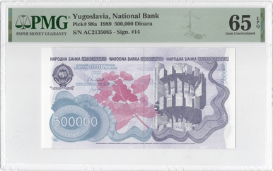 1989 Yugoslavia 500,000 Dinars PMG 65 EPQ P-98a Gem Uncirculated Pre-Hyperinflation Note