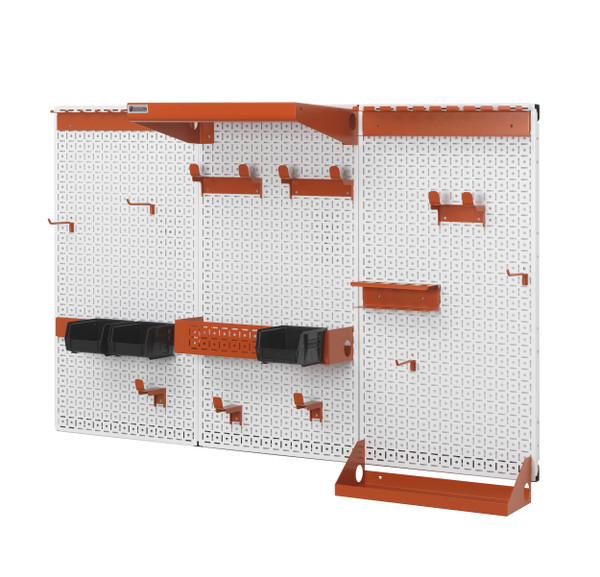 Here is a look of this awesome American Made wall organization system with white powder coated panels and orange color accessories.