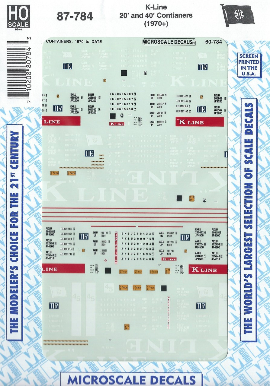HO 1:87 Microscale 87-784 K-Line 20-40' Containers Decals 1970+ - Truck ...