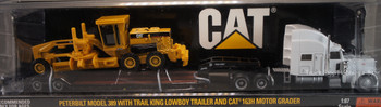 HO 1:87 Norscot 55414 - Peterbilt 389 SC w/Trailking Trailer w/Cat 163H Grader - WHITE