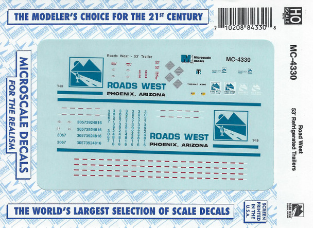 HO 1:87 Microscale MC-4330 Road West 53' Reefer Trailer Decals