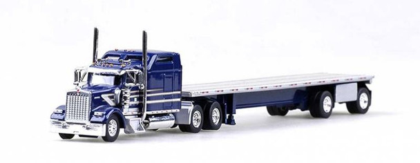 HO 1:87 TNS Kenworth W900 SC w/48' Spread Axle Flatbed Trailer - BLUE/WHITE