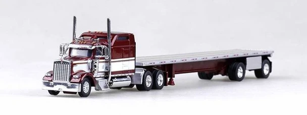 HO 1:87 TNS 400579 Kenworth W900 w/48' Spread Axle Flatbed Trailer - FIRE RED
