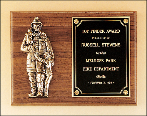 Walnut Plaque, Bronze Fireman Casting
