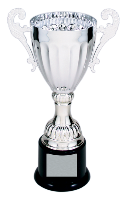 Silver Metal Corporate Cup Trophy on a Black Plastic Base