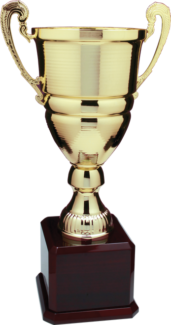 Jumbo Gold Metal Cup Trophy on a Rosewood Royal Piano Finish Base