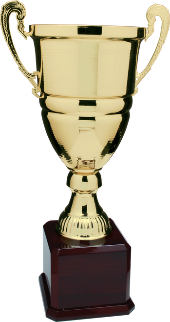 Jumbo Gold Metal Cup Trophy on a Rosewood Royal Piano Finish Base - JCMC926G