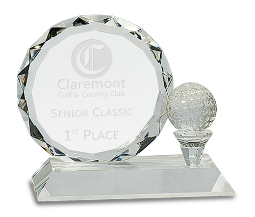 Round Facet Crystal with Golf Ball on Clear Pedestal Base