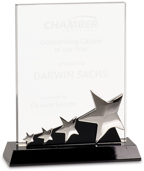 Rectangle Crystal with Silver Stars on Black Pedestal Base