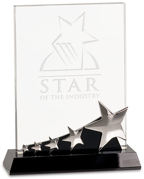 Rectangle Crystal with Silver Stars on Black Pedestal Base - JCRY140