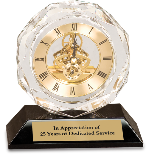 Clear Crystal Clock on Black Pedestal Base