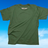 View of back of Let the Dogs Out oval flag graphic t-shirt highlighting the Ozzy&Osa logo on Army Green t-shirt.