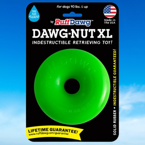 Front package view of Dawg-Nut XL from RuffDawg. Made in the USA, dog safe, earth friendly and life time guarantee.