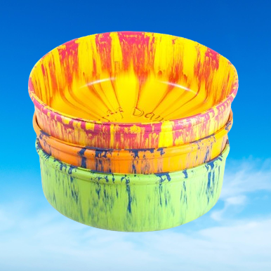 Indestructible large, rubber, travel, dog bowl from RuffDawg from RuffDawg displayed in assorted bright colors, emphasizing variety and visibility - purchase at OzzyAndOsa.com."