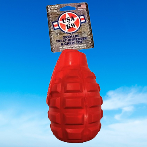 Introducing the XL Grenade Durable Rubber Chew Toy & Treat Dispenser in Red, proudly Made in the USA, showcased on the front packaging.