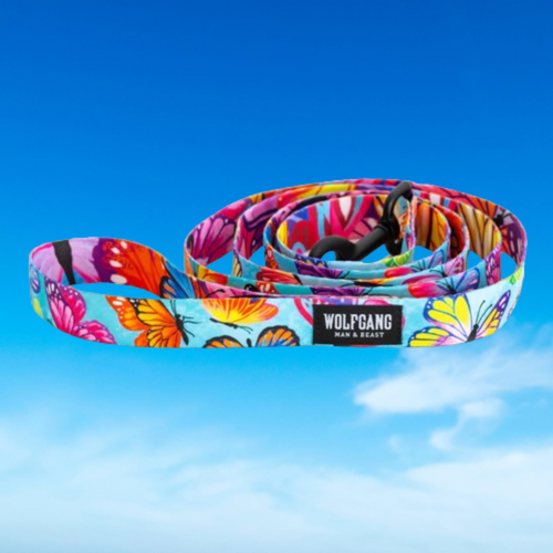 Photo of Wolfgang FlutterColor 6' Dog Leash on sky background.  Highlighting the brand.