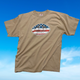 View of front of Let the Dogs Out oval flag graphic t-shirt in Desert Tan.