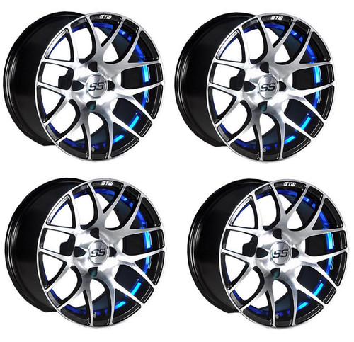 Golf Cart GTW 12x7 Machined Blue Pursuit Wheels | Set of 4 | 3:4 Offset 4/4
