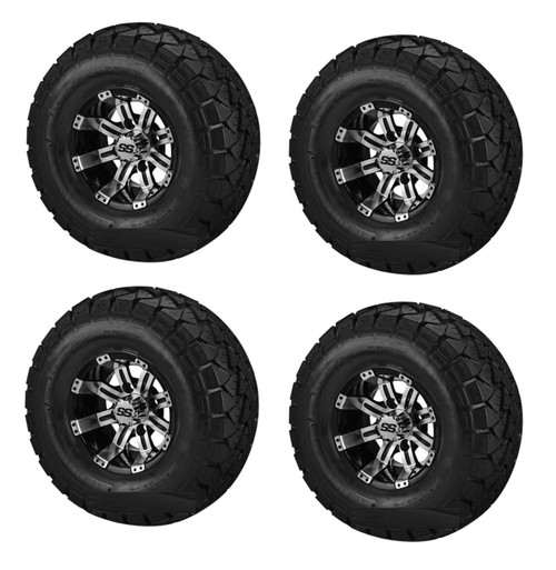 Golf Cart GTW 10" Tempest Machined Black Wheel | 22-10-10 AT Tire | Set of 4