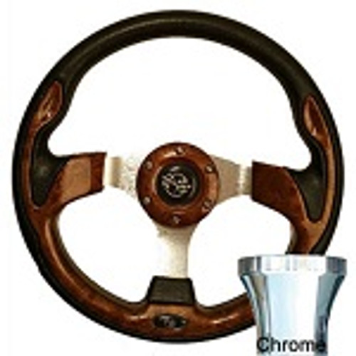 Club Car DS 1982-Up Golf Cart Woodgrain Rally Steering Wheel Chrome Kit