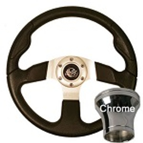 EZGO 1994.5-Up Golf Cart Black Rally Steering Wheel Chrome Adaptor Kit