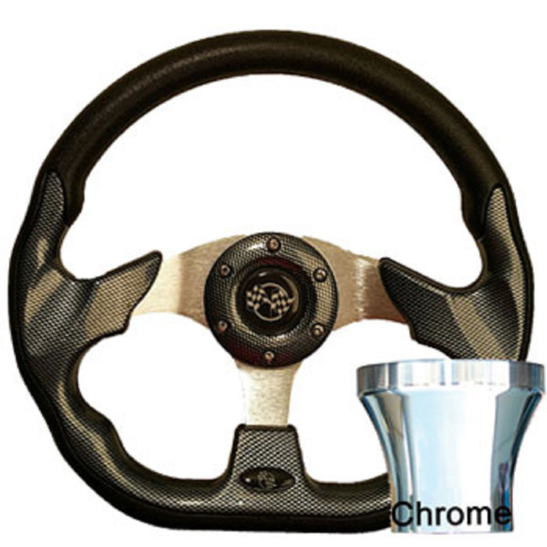 EZGO 1994.5-Up Golf Cart Carbon Fiber Racer Steering Wheel Chrome Kit