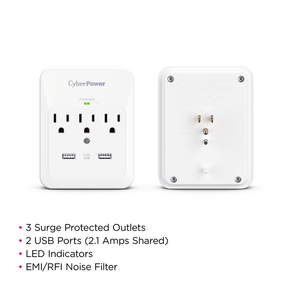 CyberPower CSP300WUR1 Professional 3 - Outlet Surge Protector with 600 J Surge Suppression