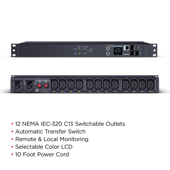 CyberPower PDU44004 Single Phase 240 - 200 VAC 15A Switched ATS PDU