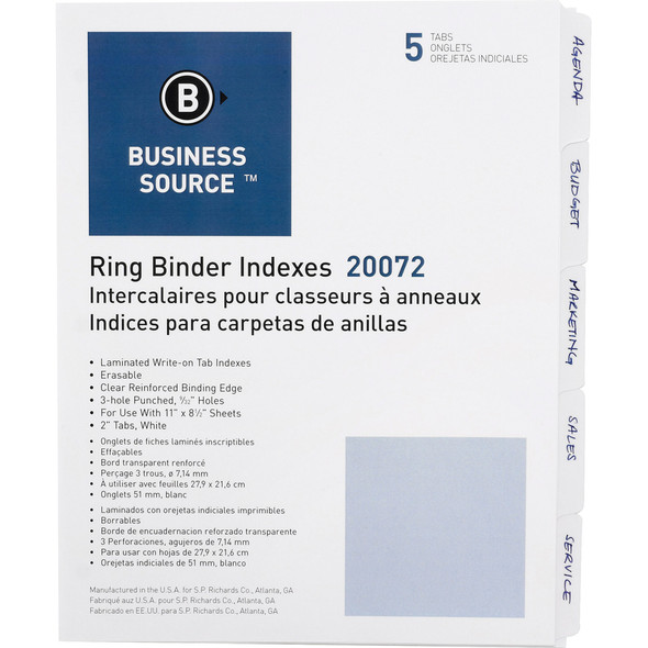 Business Source 3-Ring 5-Tab Erasable Tab Indexes BSN20072