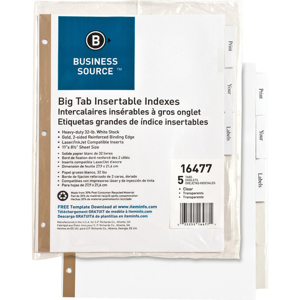 Business Source Tear-resistant Clear Tab Index Dividers BSN16477