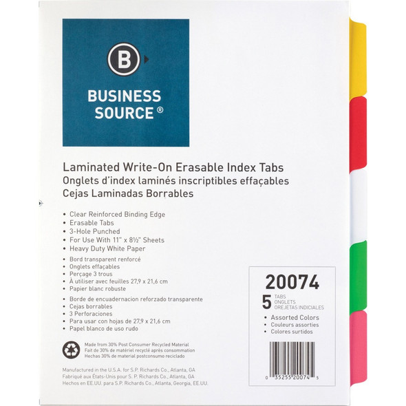 Business Source Laminated Write-On Tab Indexes BSN20074